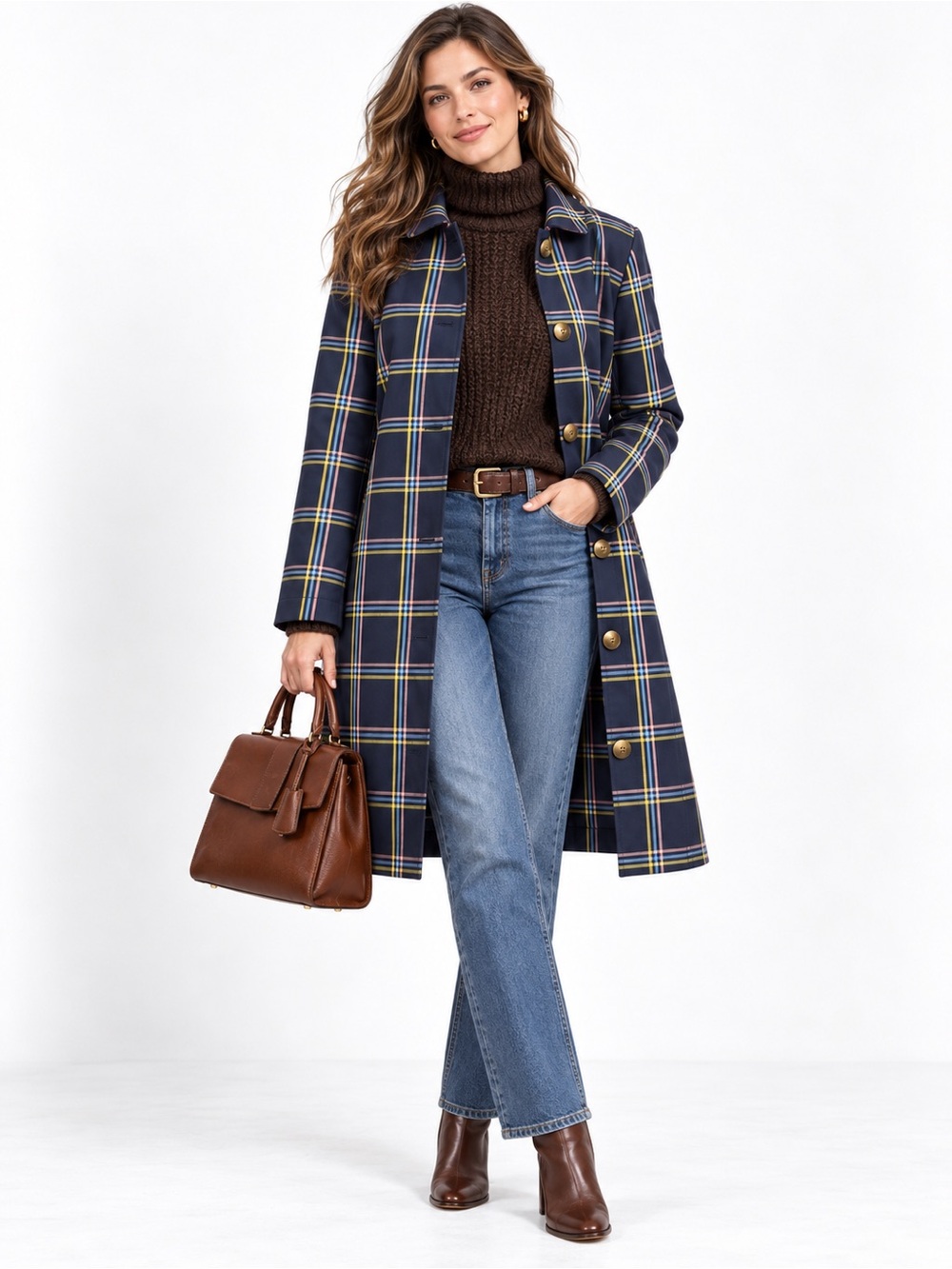 Talbots Navy Plaid Trench Coat with Yellow Windowpane